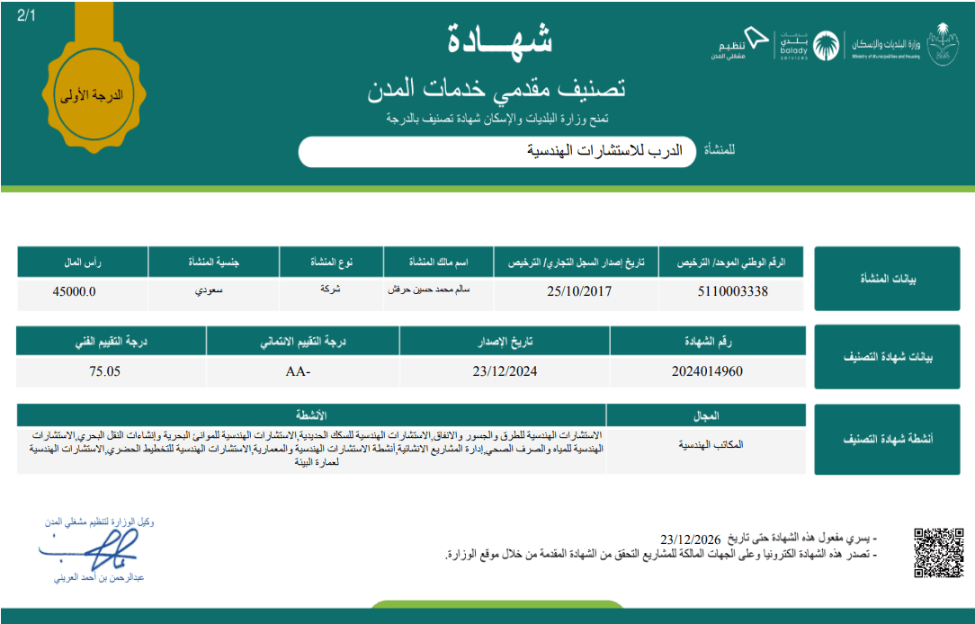 شهادة التصنيف (الفئة الأولى)